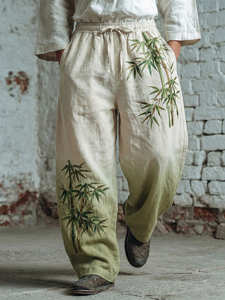 Men's Japanese Bamboo Art Pattern Linen Blend Casual Pants - Beige