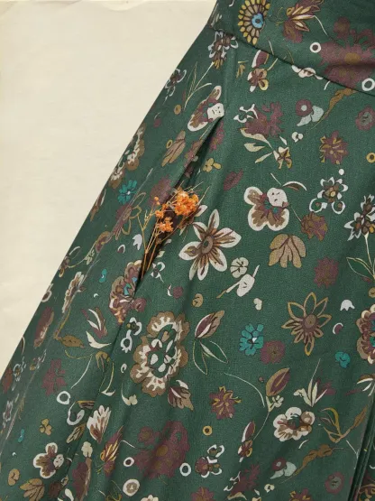 Midi Linen Dress, Long Sleeves, Square Neck, Paisley, Vintage, Green - Green