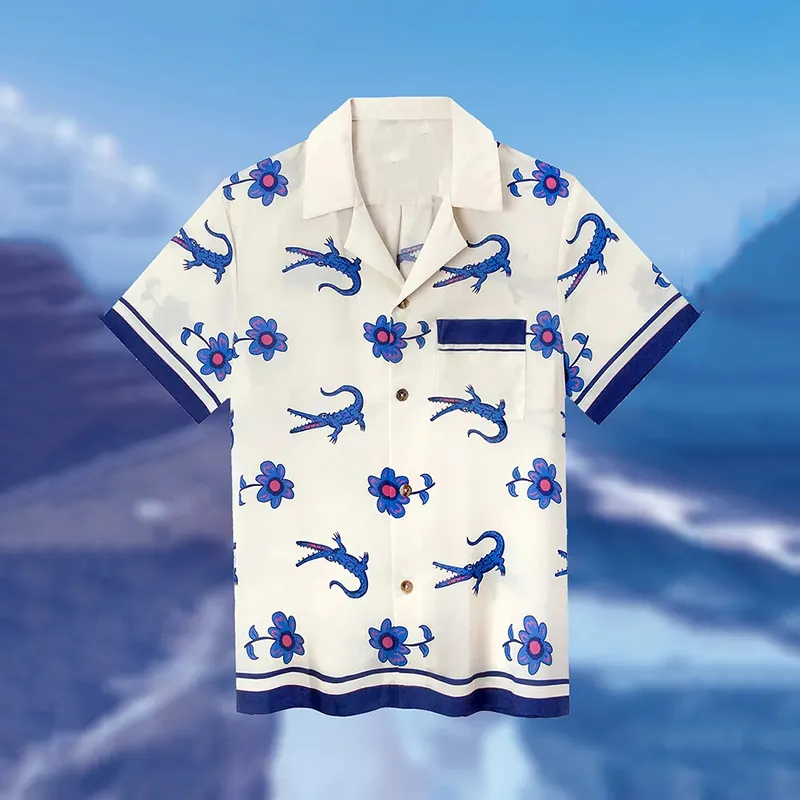 Men's Flower Crocodile Art Linen Blend Cozy Shirt - White