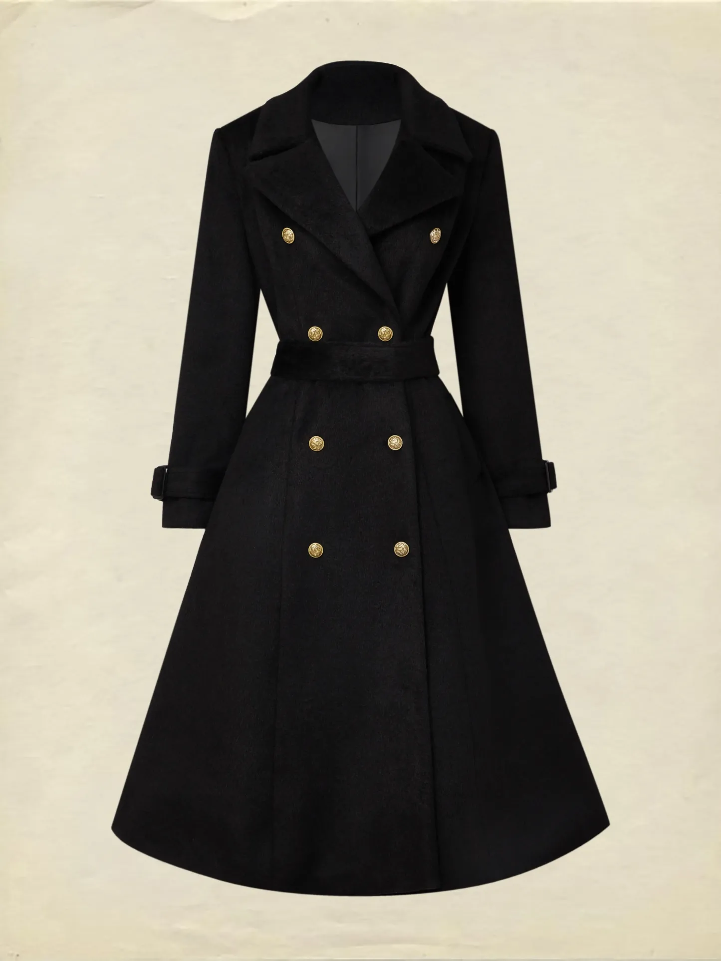 Wool Trench Coat, Long Sleeves, Lapel Collar, Plain, Button Design, Vintage, Black - Black