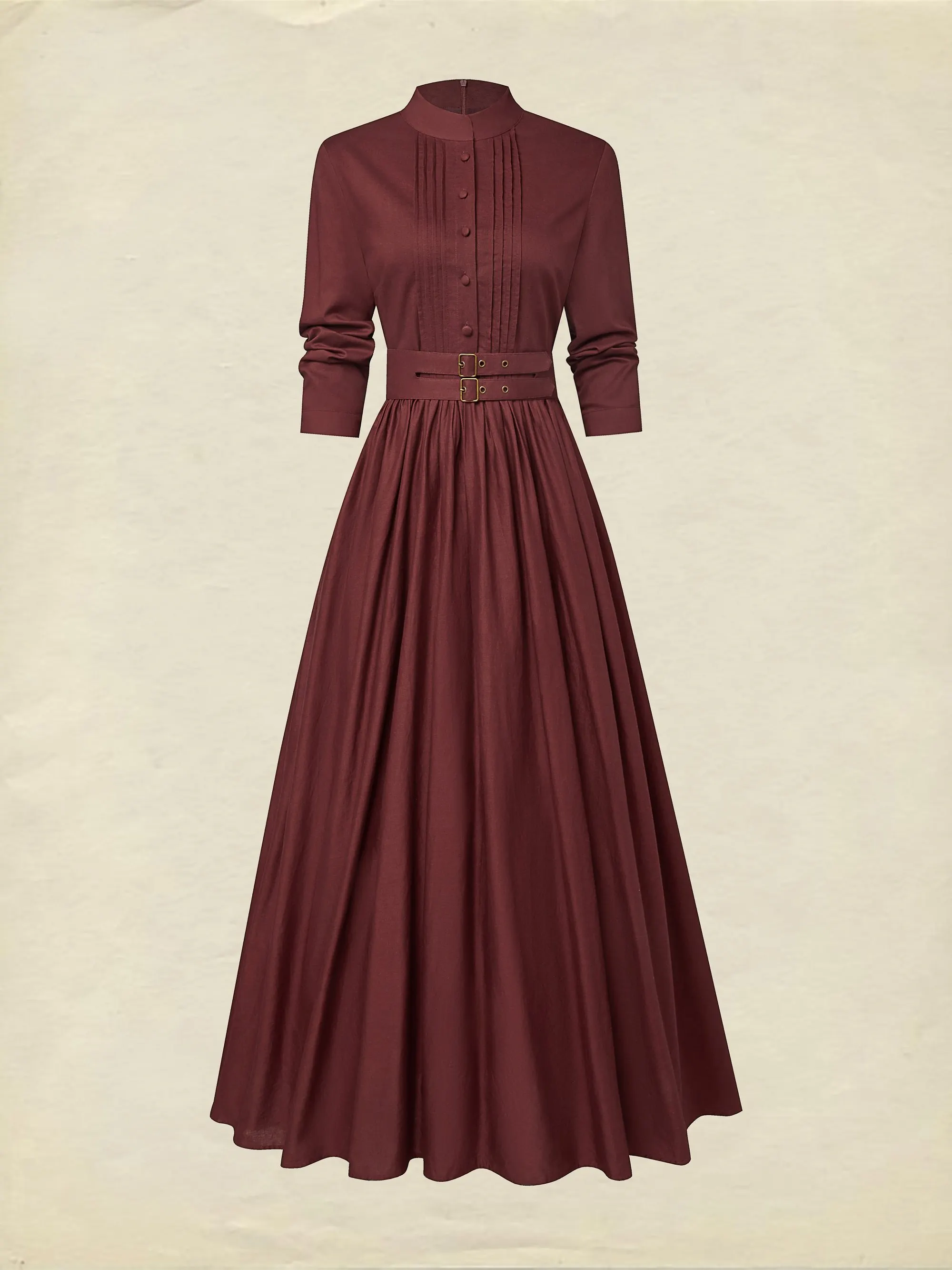 Maxi Linen Dress, Long Sleeves, Stand Collar, Plain, Button Design, Vintage, Red - Red