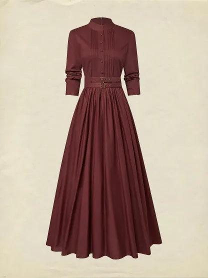 Maxi Linen Dress, Long Sleeves, Stand Collar, Plain, Button Design, Vintage, Red - Red