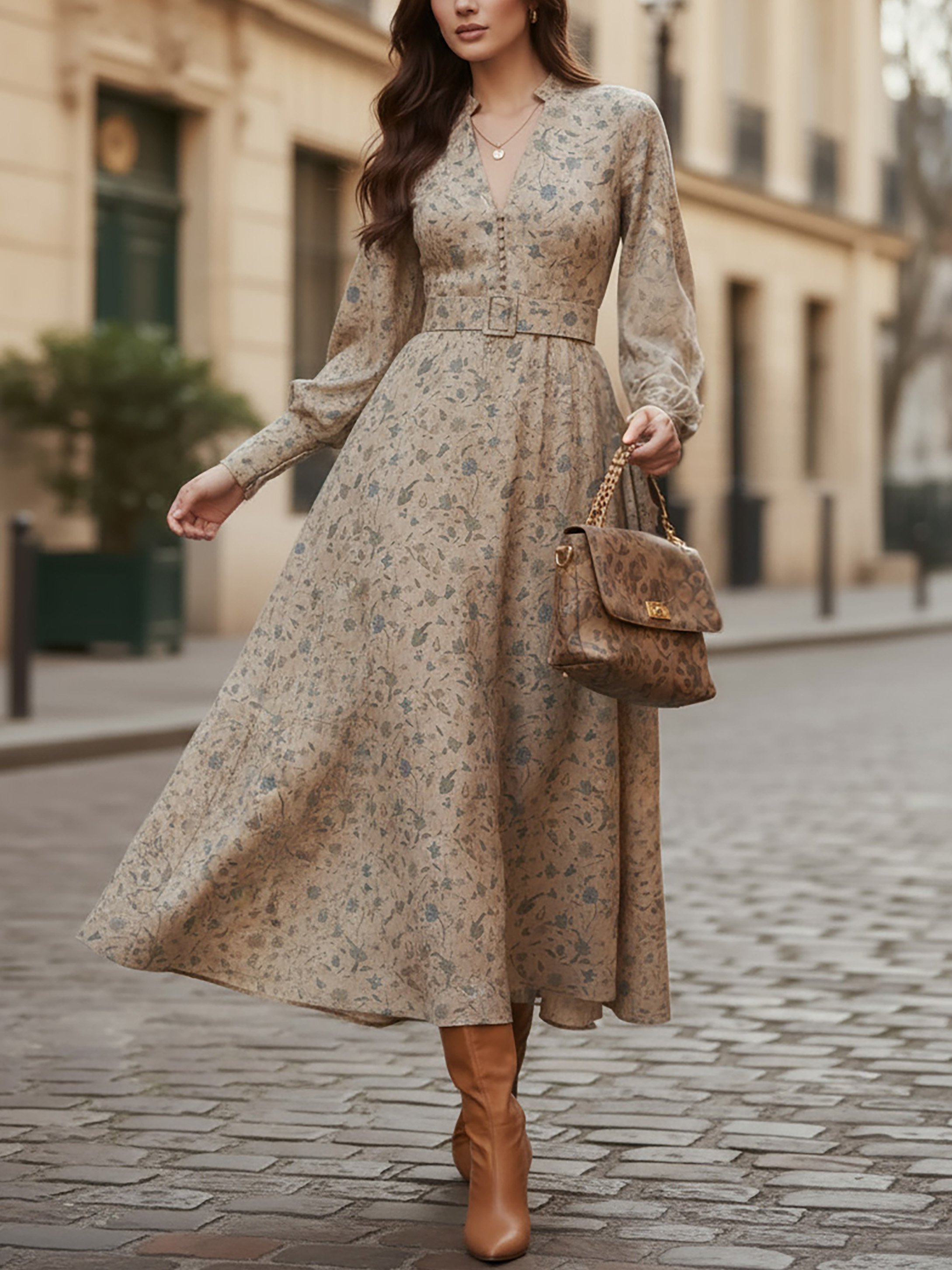 Midi Linen Dress, Long Sleeves, V Neck, Floral, Belt Design, Vintage, Khaki - Khaki