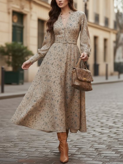 Midi Linen Dress, Long Sleeves, V Neck, Floral, Belt Design, Vintage, Khaki - Khaki