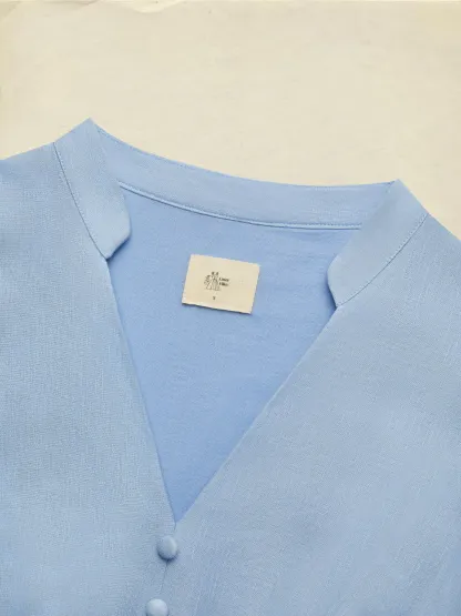 Midi Cotton Dress, Half Sleeve, V Neck, Plain, Lace, Vintage, Blue - Blue