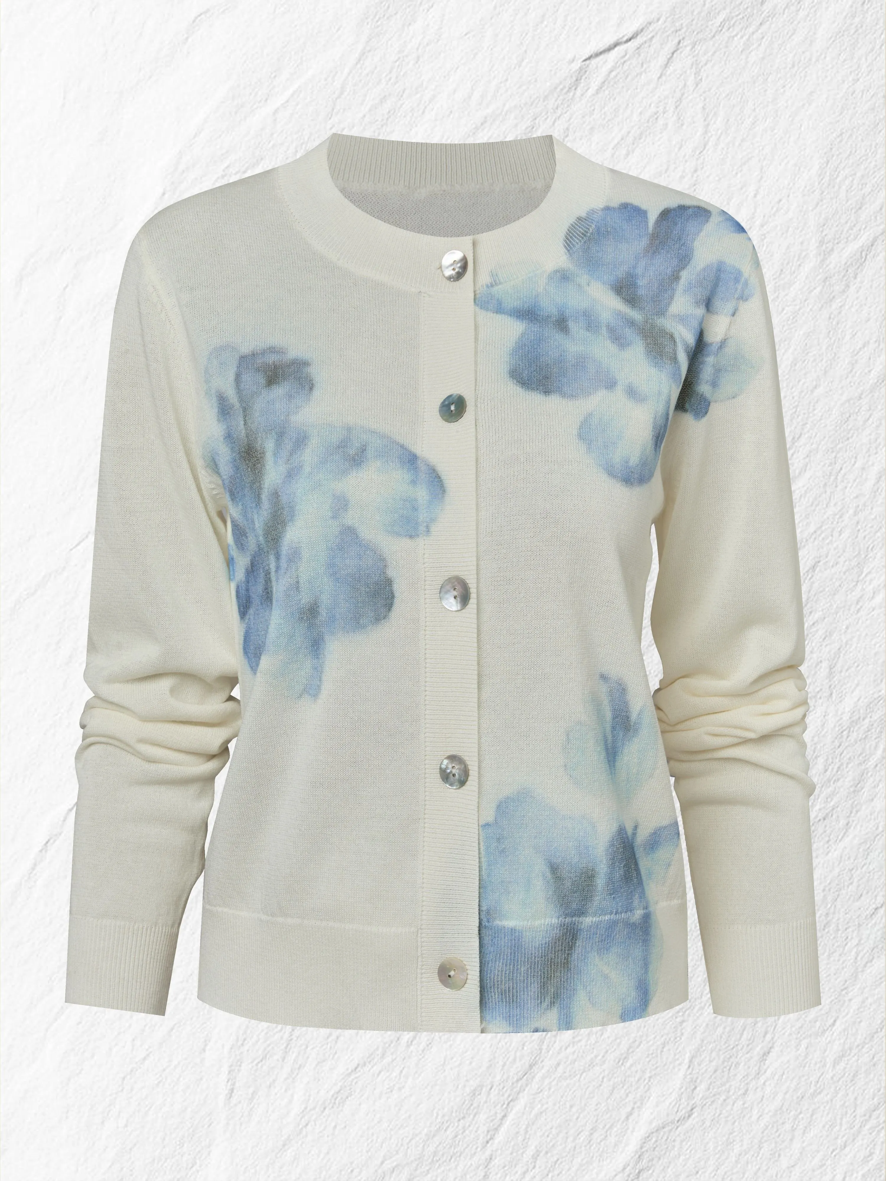 Wool Cardigan, Long Sleeves, Round Neck, Floral, Button Design, Vacation, Vintage, White - White