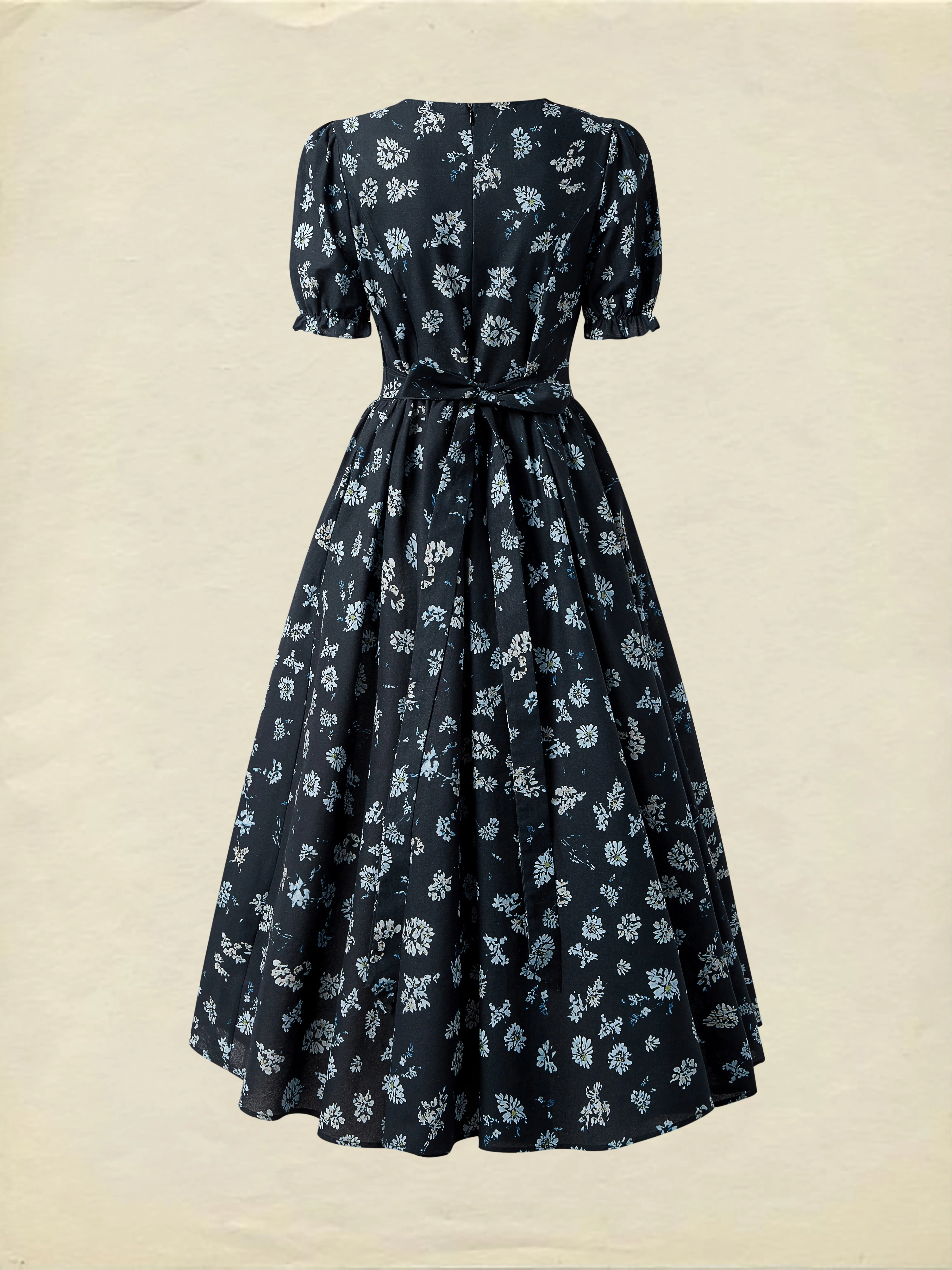 Linen Maxi Dress, V neck,  Floral, Daily, Short Sleeve, Blue - Dark Blue