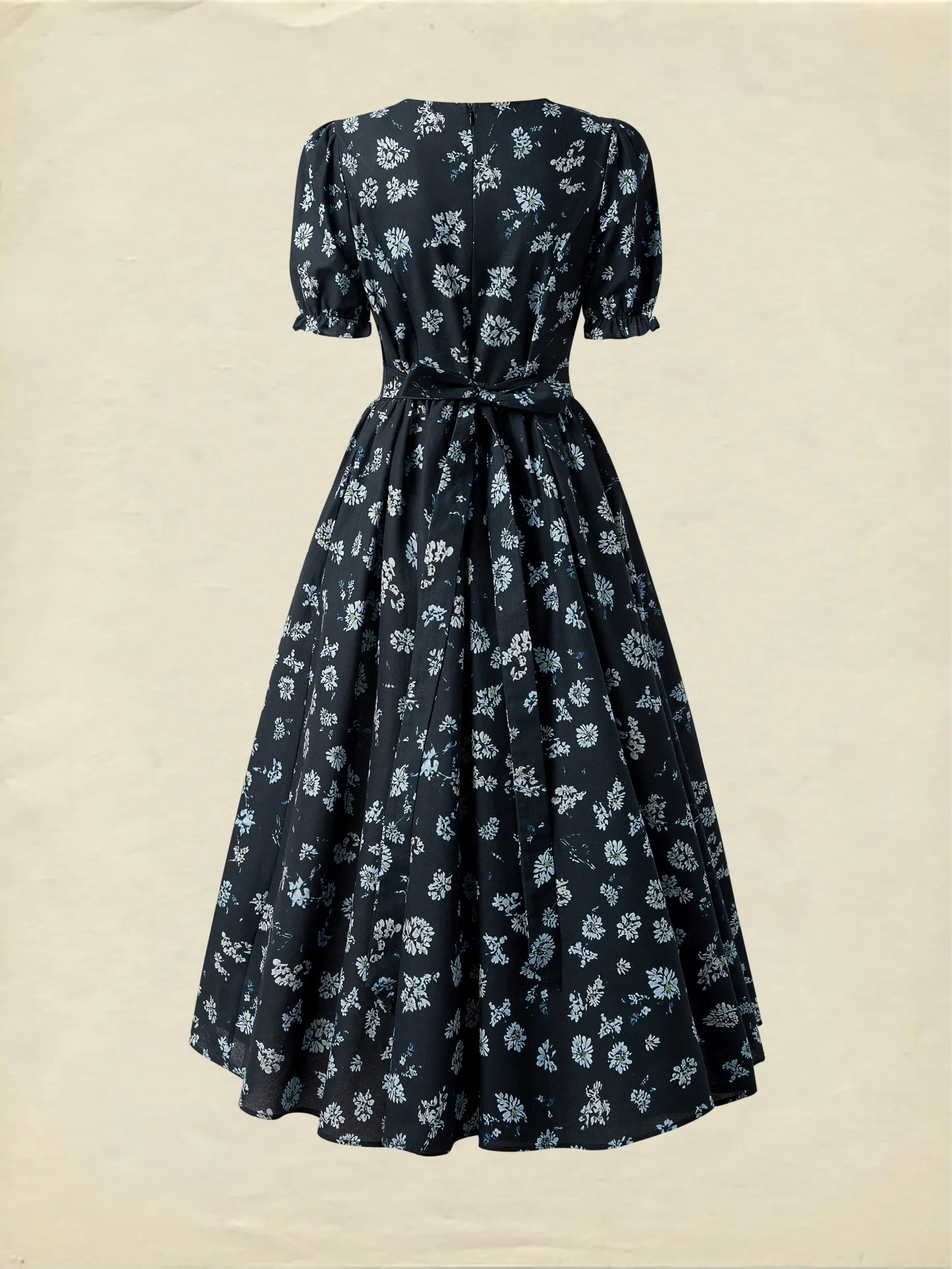 Linen Maxi Dress, V neck,  Floral, Daily, Short Sleeve, Blue - Dark Blue