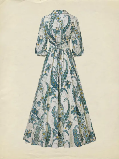 Maxi Linen Dress, Half Sleeve, Shawl Collar, Paisley, Button Design, Vacation, Vintage, White - White