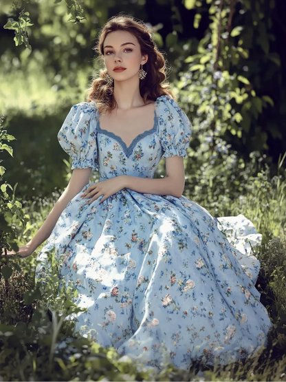 Maxi Linen Dress, Puff Sleeves, Crew Neck, Floral, Linen Blend, Blue - Blue