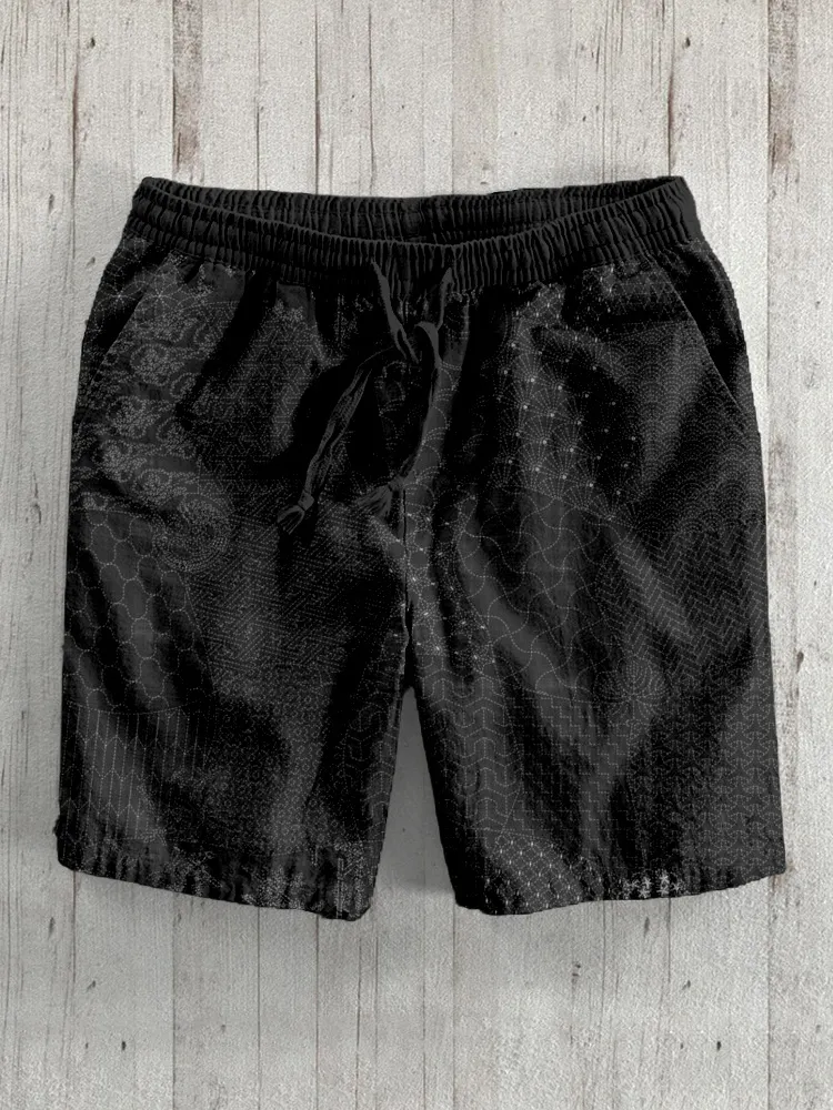 Japanese Traditional Sashiko Art Linen Blend Shorts - Black