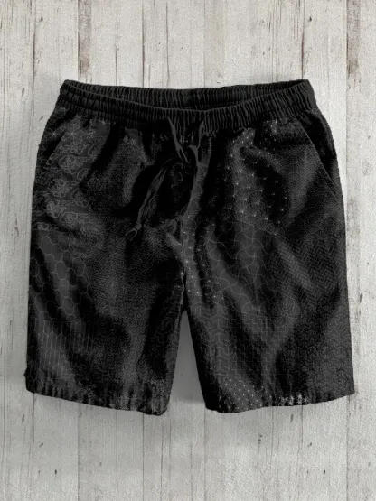 Japanese Traditional Sashiko Art Linen Blend Shorts - Black