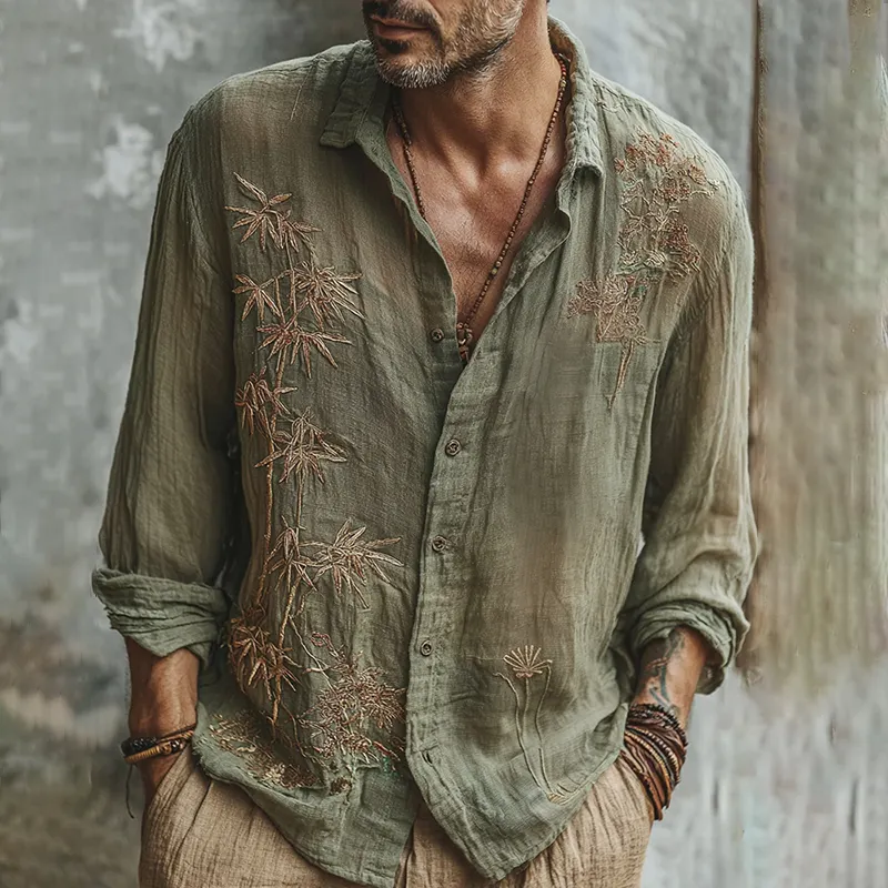 Men's Vintage Japanese Bamboo Embroidery Art Linen Blend Shirt - Army Green