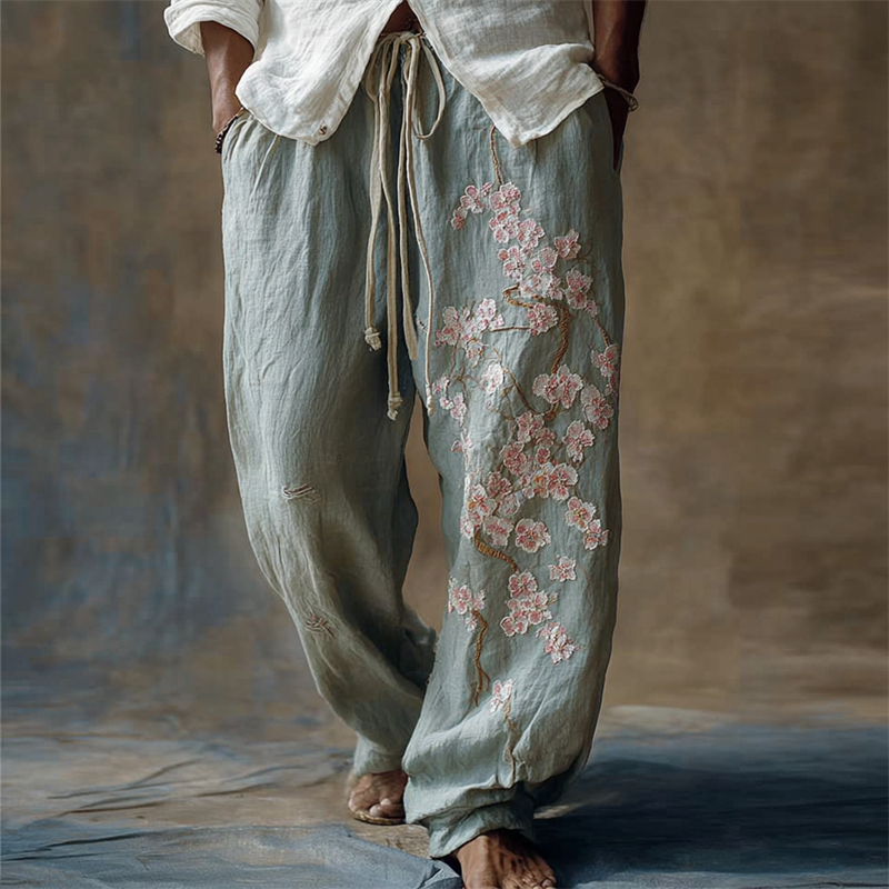 Men's Vintage Cherry Blossom Wide Leg Linen Pants - Light blue