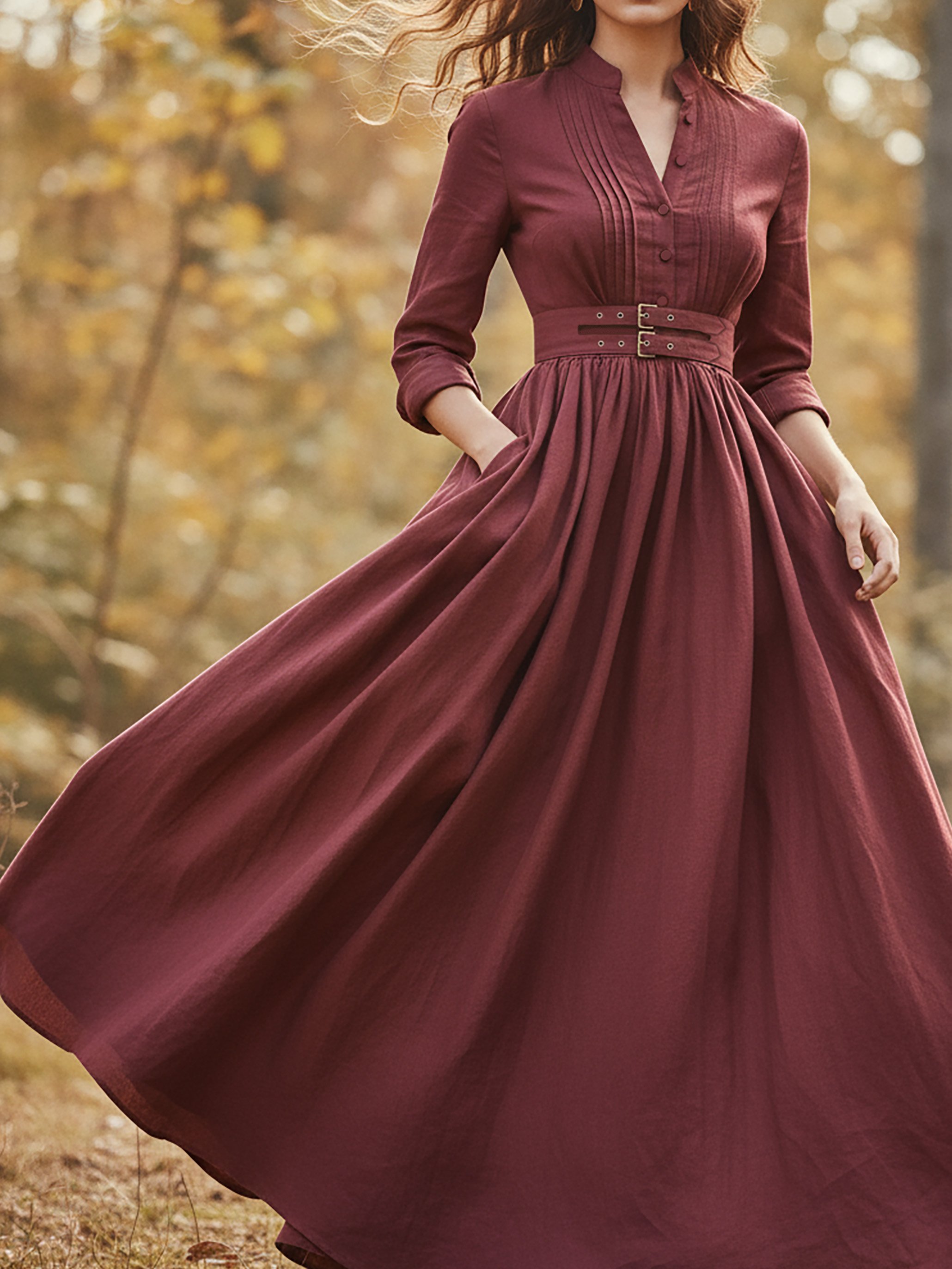 Maxi Linen Dress, Long Sleeves, Stand Collar, Plain, Button Design, Vintage, Red - Red