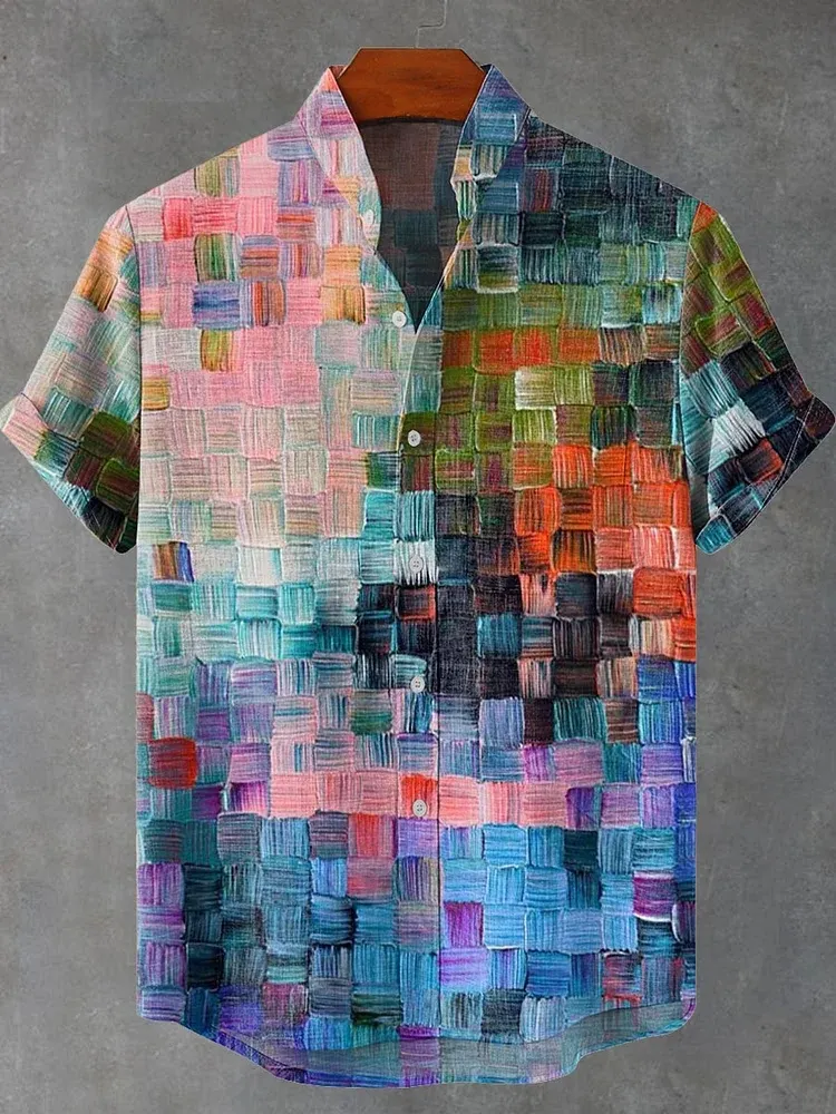 Oil Painting Style Lattice Vintage Art Print Casual Cotton Linen Shirt - Multicolor