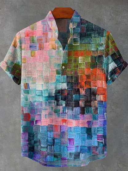 Oil Painting Style Lattice Vintage Art Print Casual Cotton Linen Shirt - Multicolor