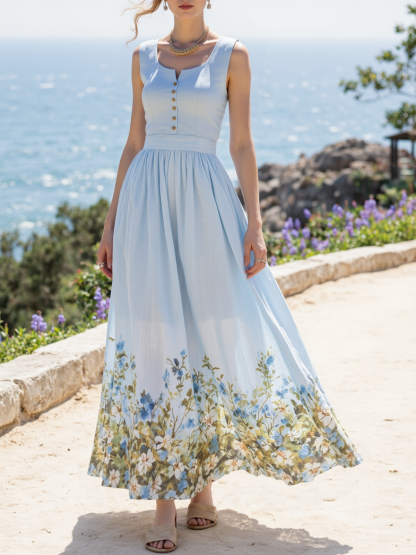 Maxi Linen Dress , Sleeveless, Round Neck, Floral, Button Design, French Vintage, Sky Blue - Sky Blue