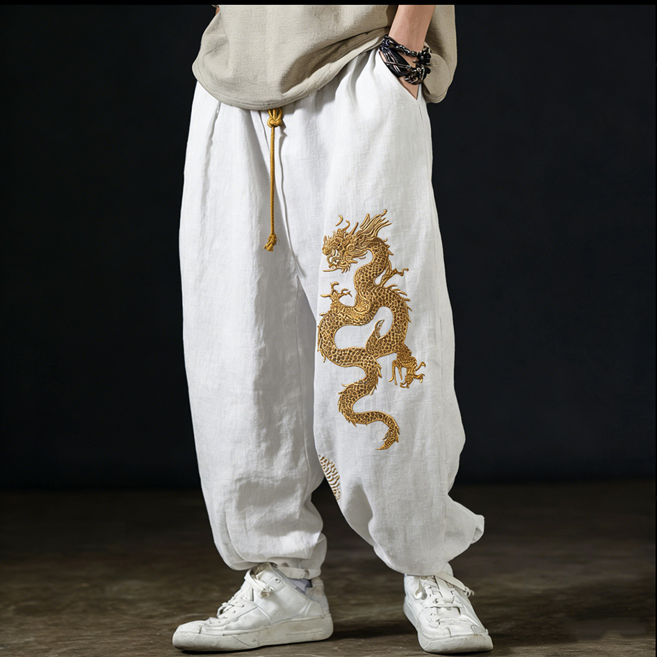 Men's Casual Cotton And Linen Wide-leg Pants With Dragon Patterns And Embroidered Floral Patterns - Black
