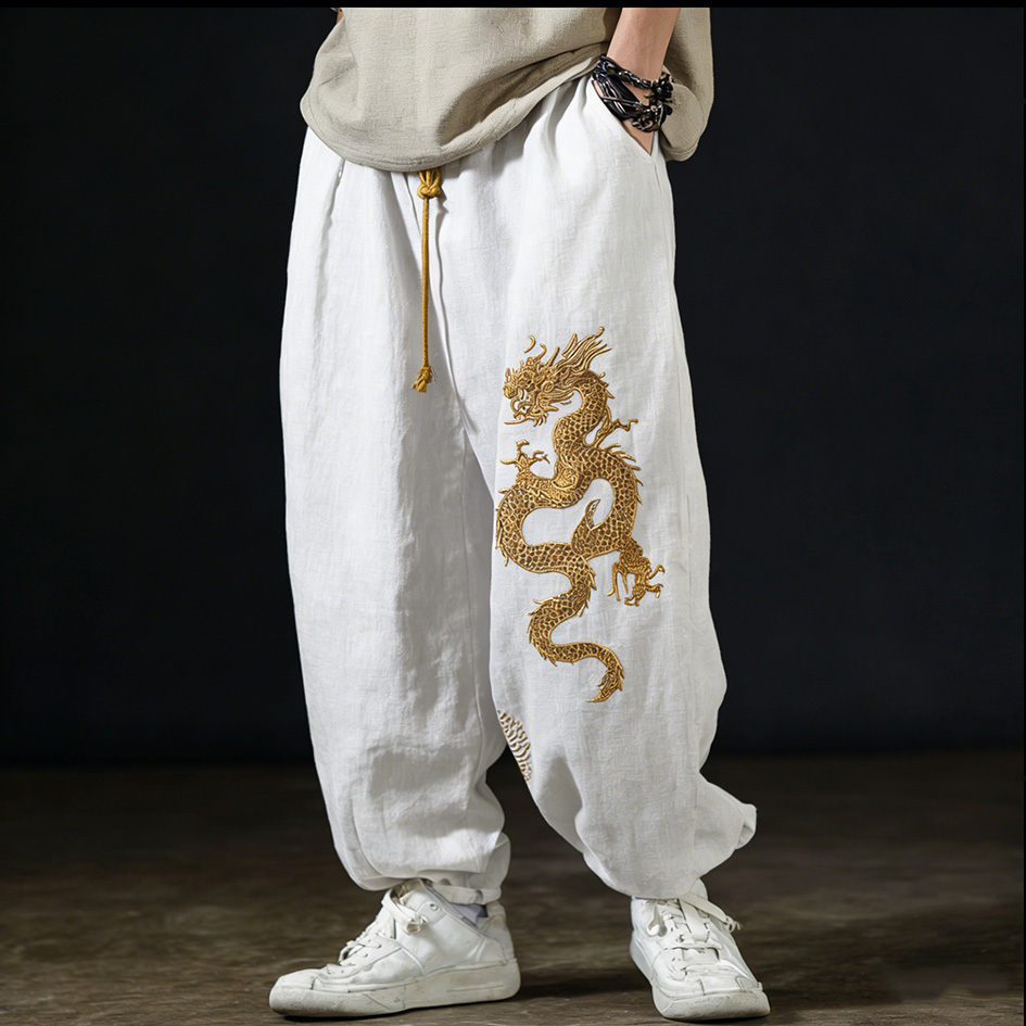 Men's Casual Cotton And Linen Wide-leg Pants With Dragon Patterns And Embroidered Floral Patterns - Black