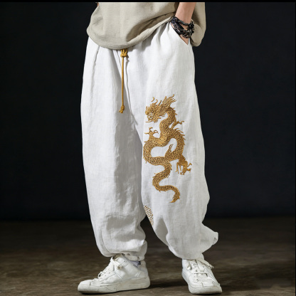 Men's Casual Cotton And Linen Wide-leg Pants With Dragon Patterns And Embroidered Floral Patterns - Black
