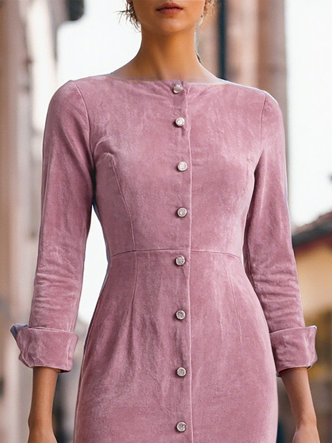 Midi Cotton Dress, Half Sleeve, Boat Neck, Plain, Button Design, Vintage, Pink - Pink