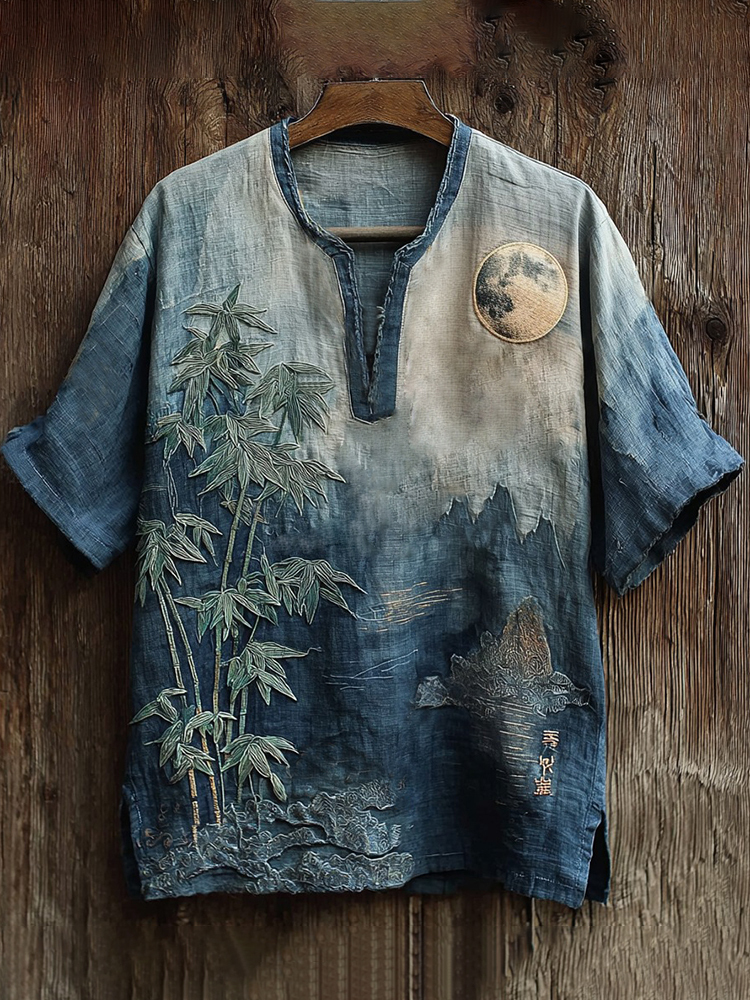 Men's Japanese Moonlit Bamboo Embroidery Art Linen Shirt - Blue