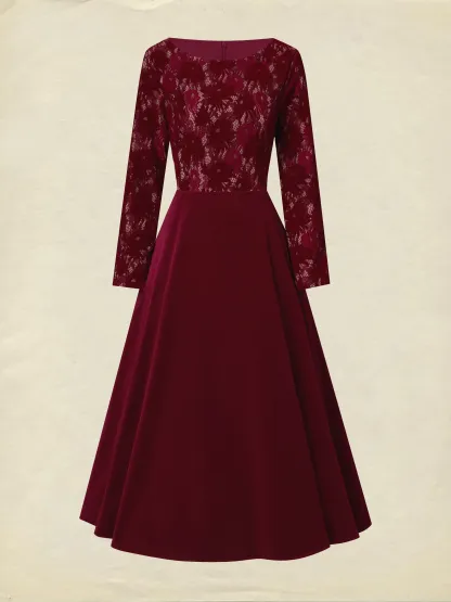 Midi Cotton Dress, Long Sleeves, Round Neck, Floral, Lace, Vintage, Red - Red