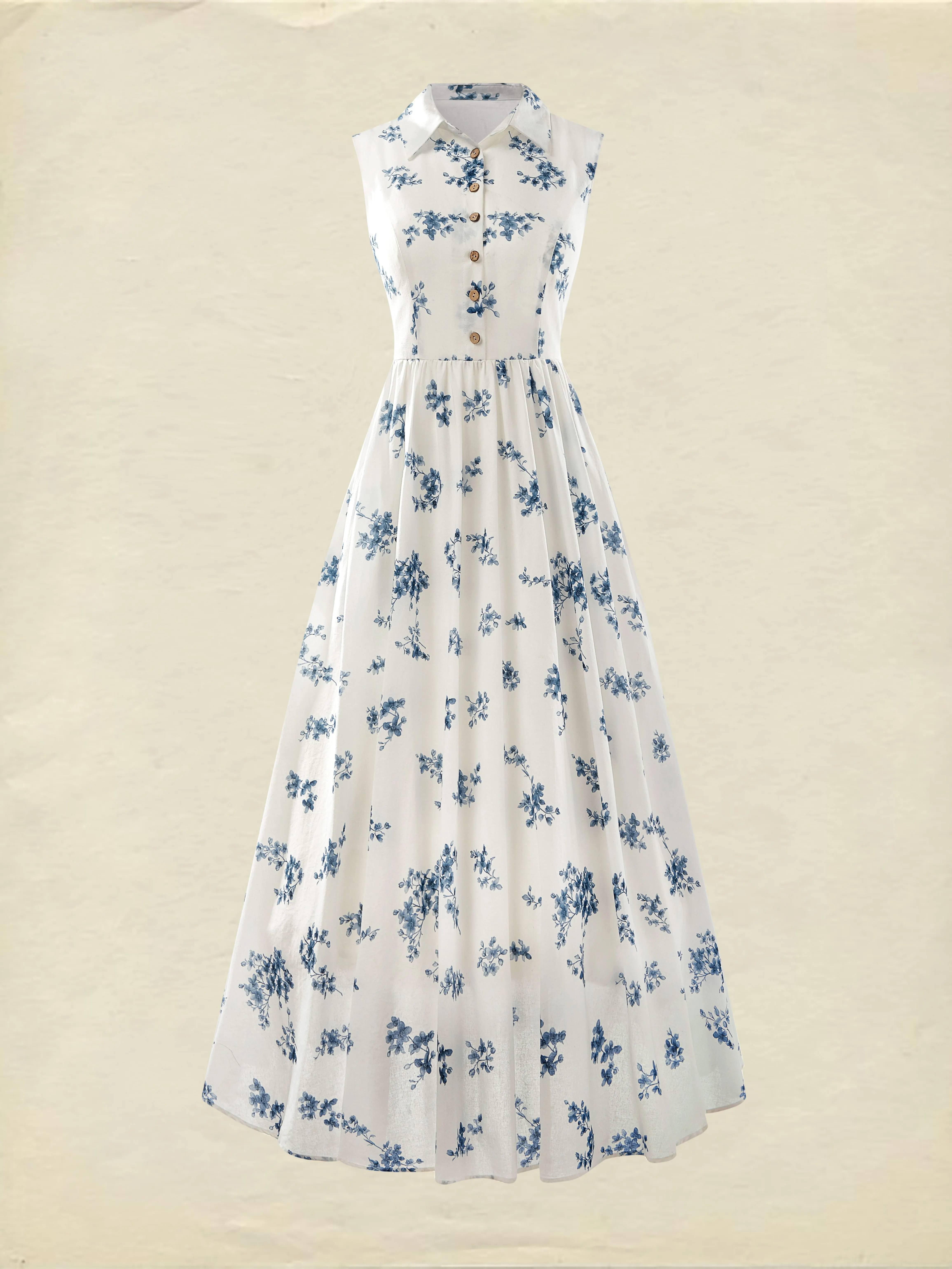 Linen Maxi Dress, Sleeveless, Shawl Collar, Floral , Vintage, White - White