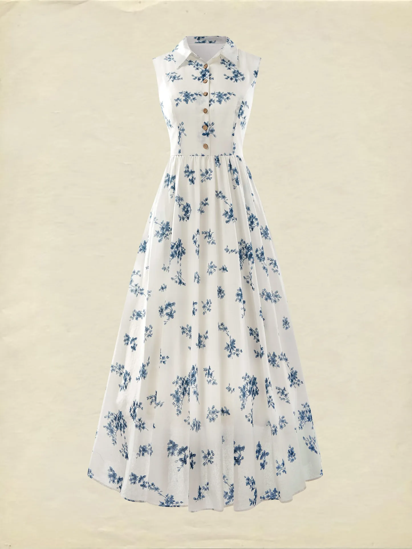 Linen Maxi Dress, Sleeveless, Shawl Collar, Floral , Vintage, White - White