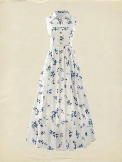 Linen Maxi Dress, Sleeveless, Shawl Collar, Floral , Vintage, White - White