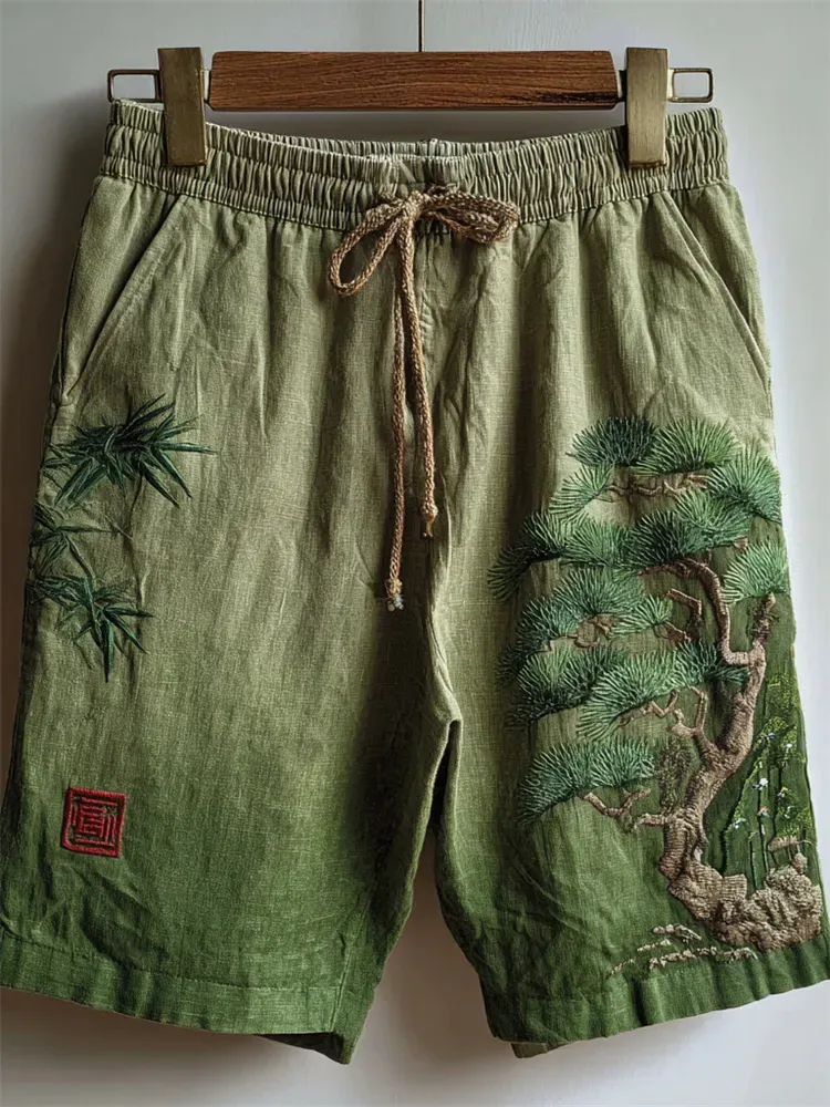 Japanese Bamboo & Pine Tree Embroidered Gradient Linen Shorts - Green