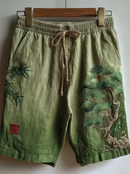 Japanese Bamboo & Pine Tree Embroidered Gradient Linen Shorts - Green
