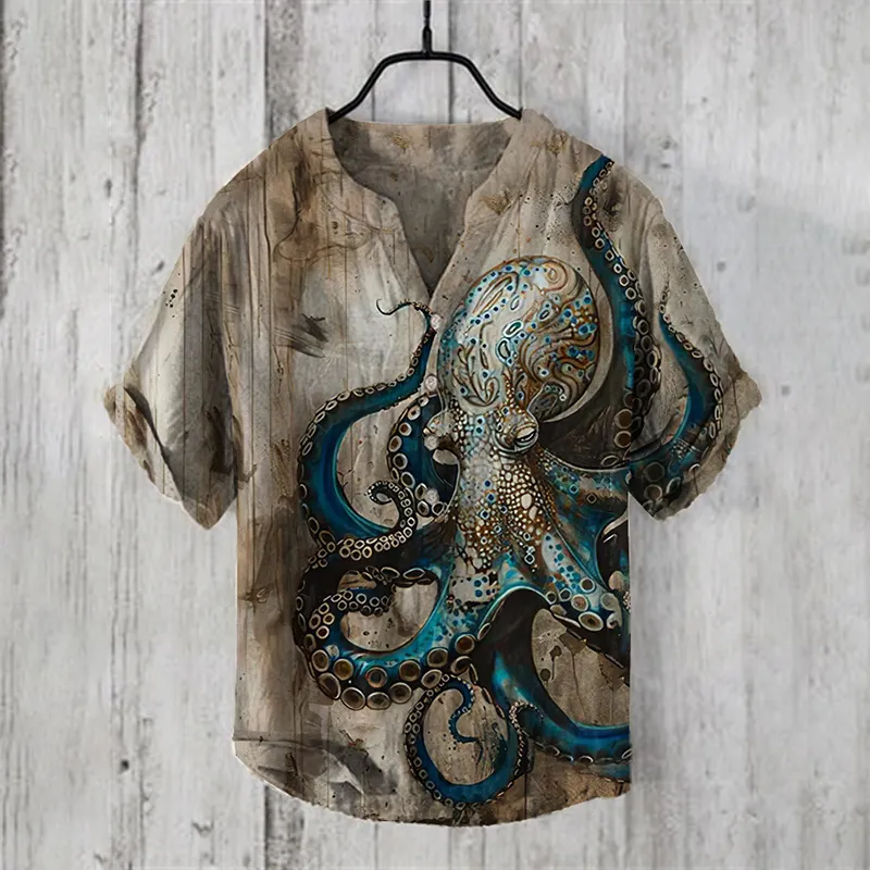 Vintage Octopus Art Print Casual Shirt - Khaki