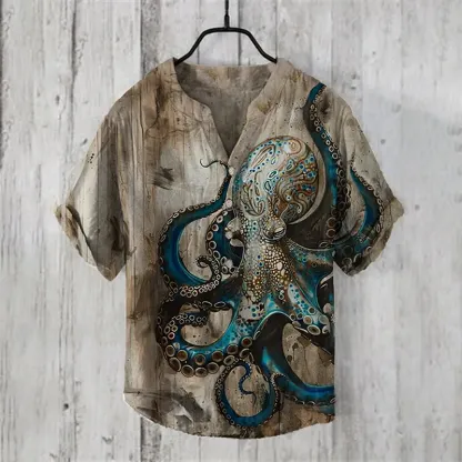 Vintage Octopus Art Print Casual Shirt - Khaki