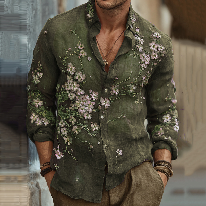 Men's Vintage Japanese Sakura Embroidered Art Lapel Long Sleeve Linen Shirt - Grey