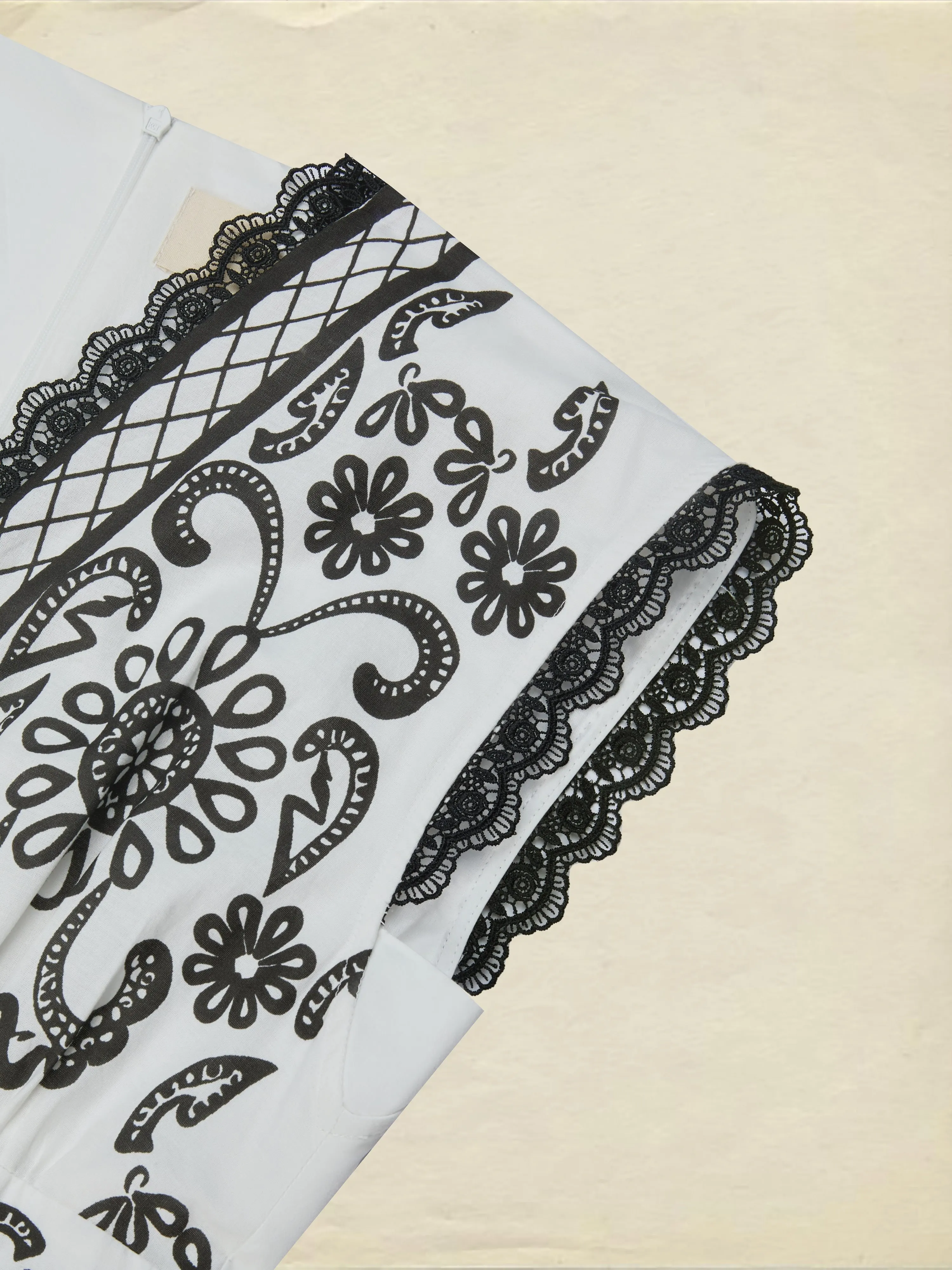 Maxi Cotton Dress, Cap Sleeves, V Neck, Paisley, Lace, Vacation, Vintage, White - White