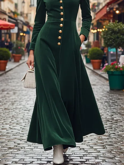 Maxi Cotton Dress, Long Sleeves, Shawl Collar, Plain, Button Design, Vintage, Green - Green