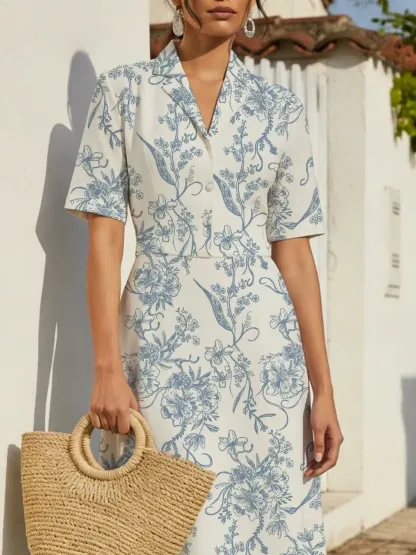 Maxi Linen Dress, Short Sleeves, Lapel Collar, Paisley, Floral, Button Design, Vintage, Blue - Blue