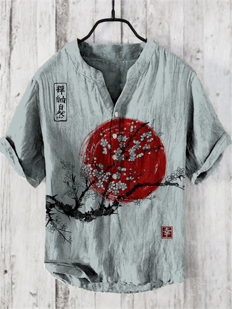 Japanese Ink Painting Of Sunrise Art Linen Blend - Blue