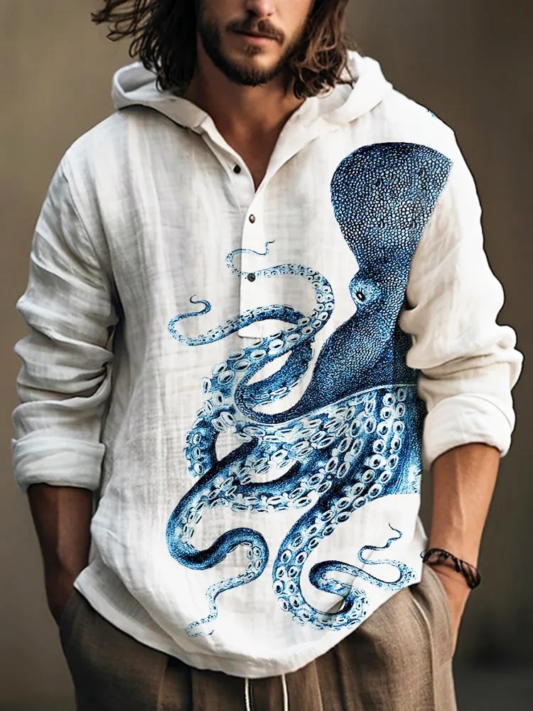 Octopus Ocean Art Linen Hooded Long Sleeve Shirt - Cream white