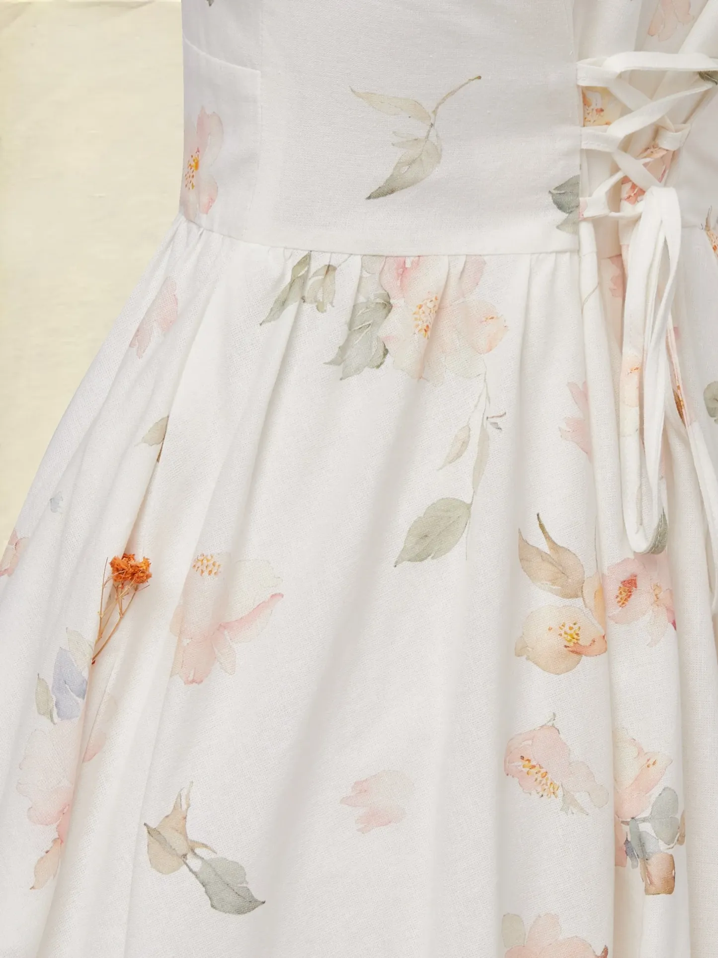 Midi Linen Dress, Short Sleeves, V Neck, Floral, Vintage, White - White