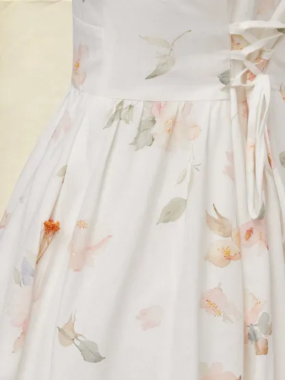Midi Linen Dress, Short Sleeves, V Neck, Floral, Vintage, White - White
