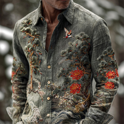 Japanese Pine & Chrysanthemum Embroidery Men's Long Sleeve Shirt - grey