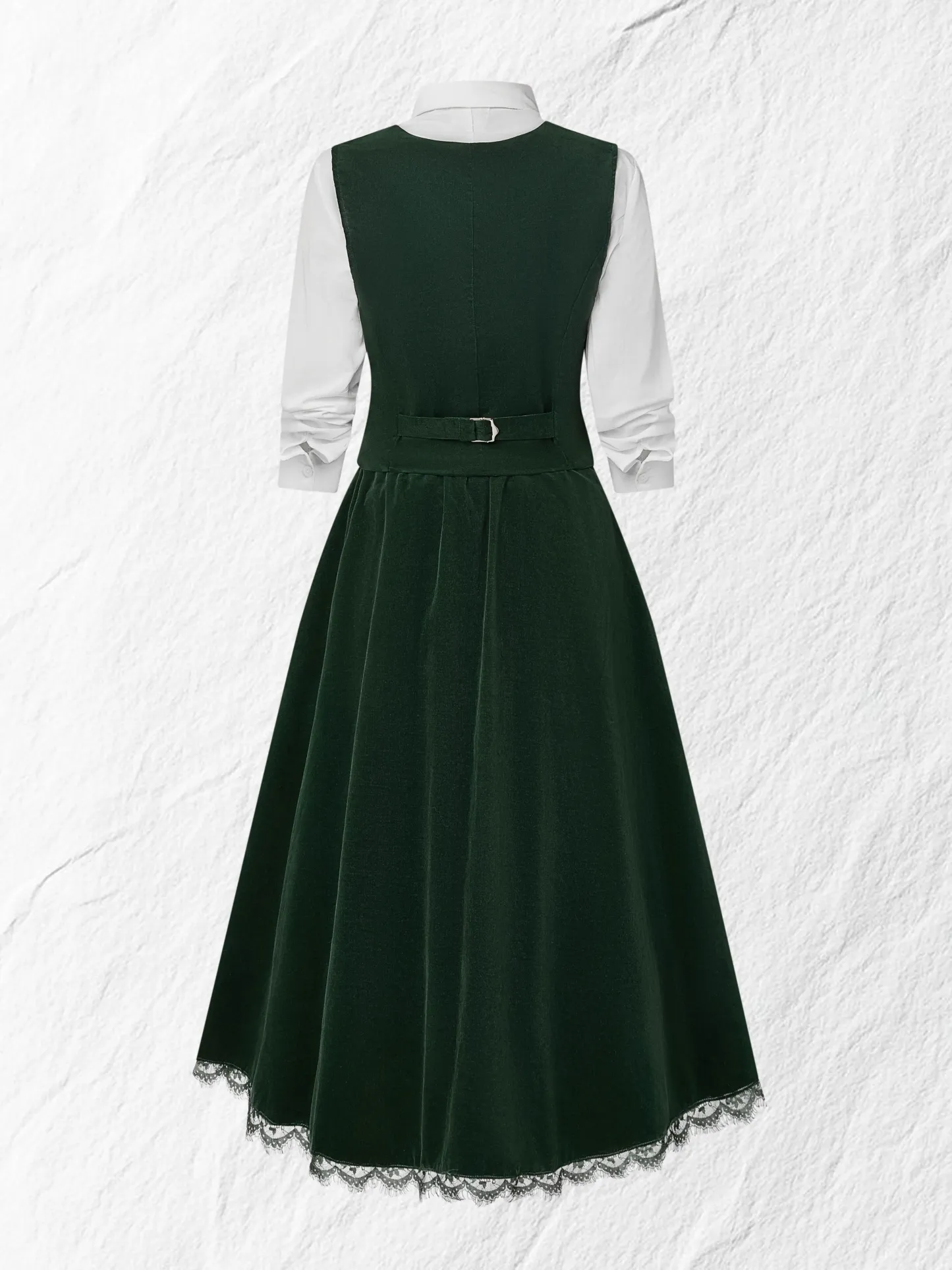Midi Cotton Skirt (Shirt and Vest Not Included), Plain, Pocket Design, Vintage, Green - Green