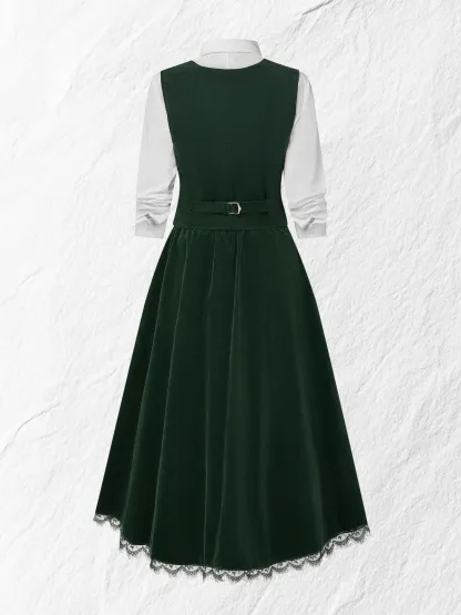Midi Cotton Skirt (Shirt and Vest Not Included), Plain, Pocket Design, Vintage, Green - Green