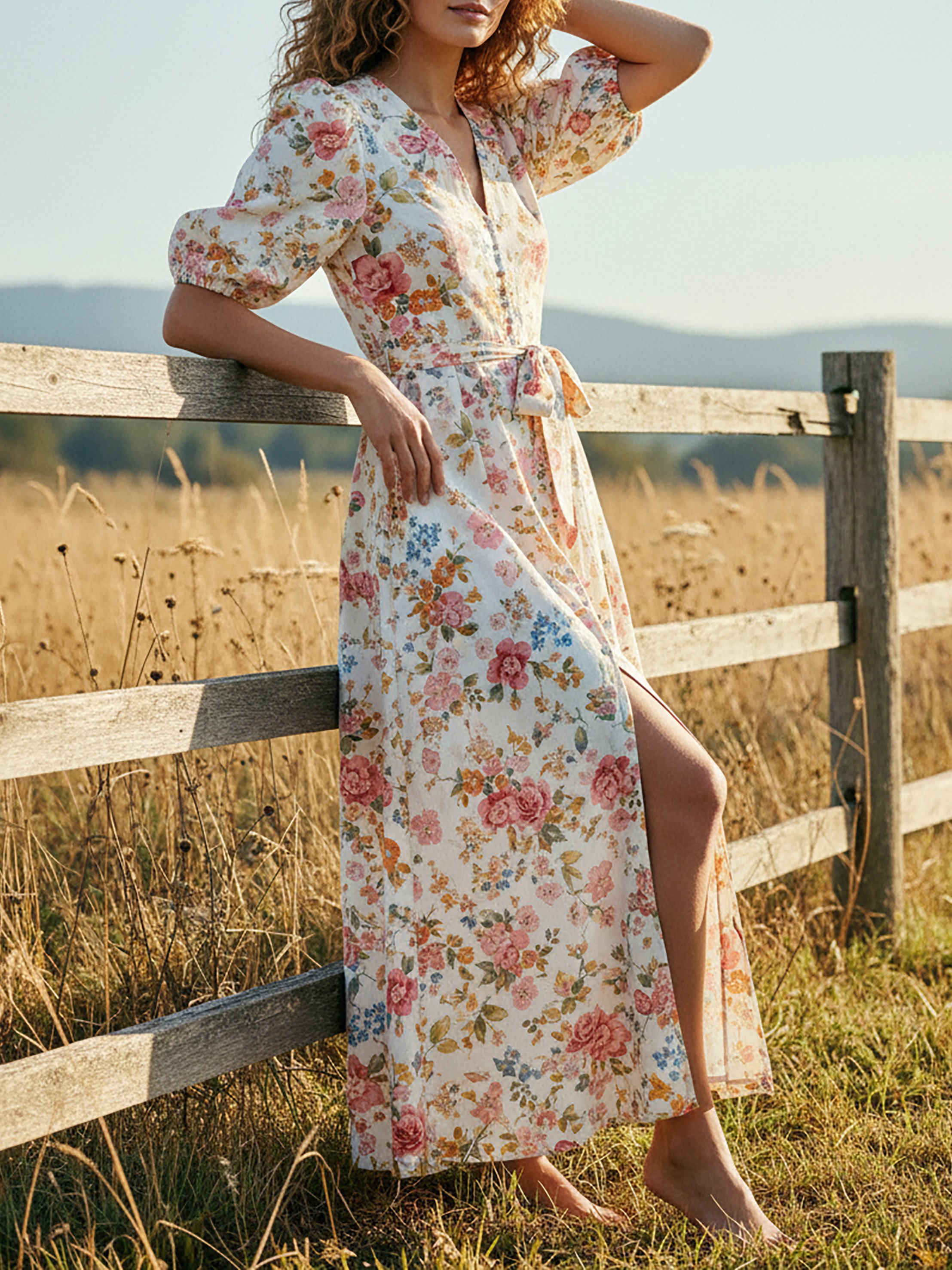 Maxi Linen Dress, Half Sleeve, V Neck, Floral, Button-decorated, Vacation, Vintage, White - White