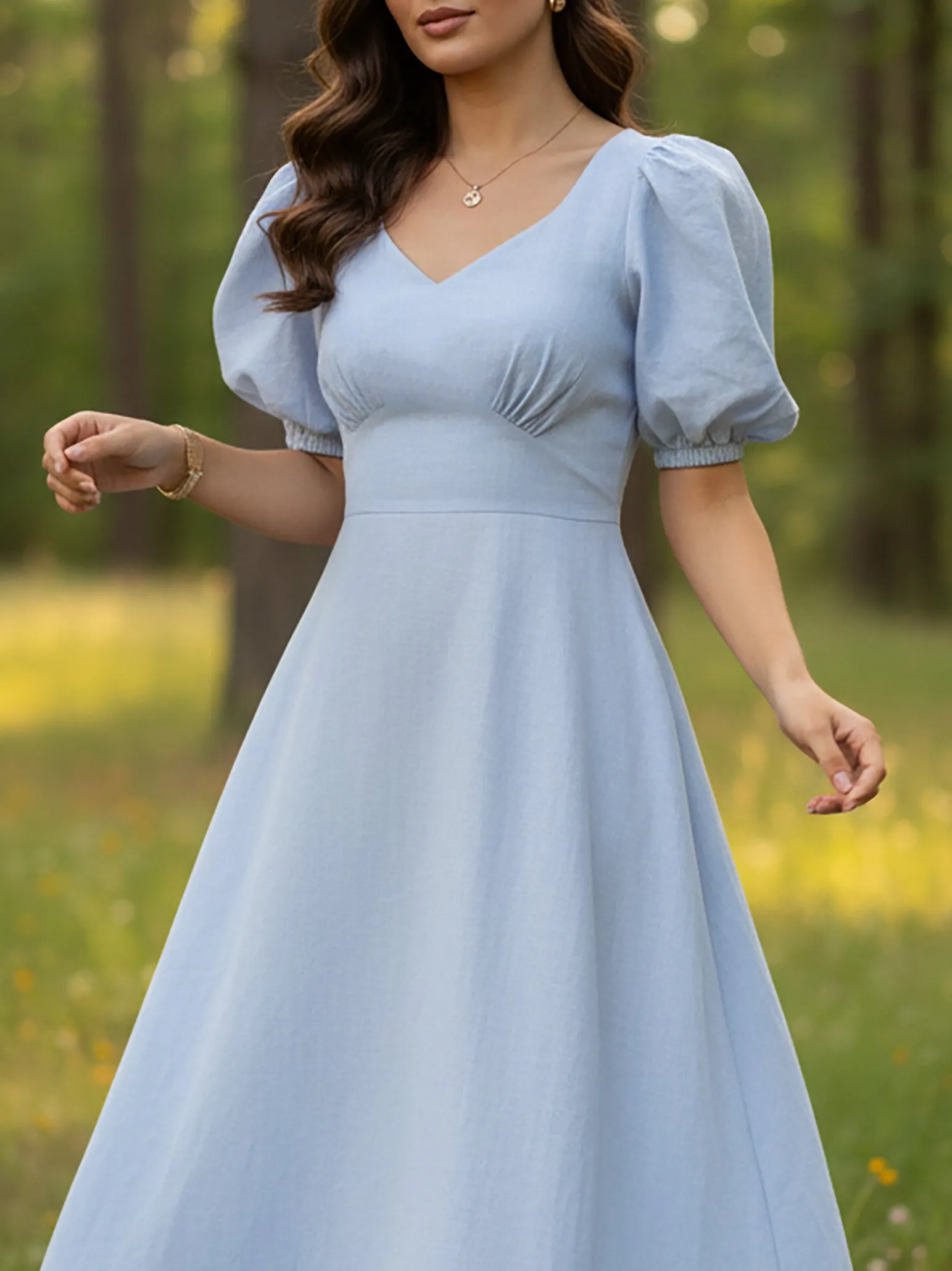 Maxi Linen Dress, Short Sleeves, Sweetheart Neck, Plain, Vintage, Blue - Blue