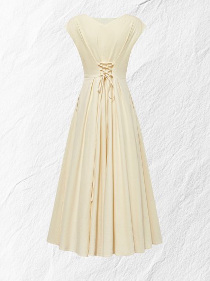Linen Midi Dress, Cap Sleeve, Boat Neck, Plain, Vintage, Off White - Off White