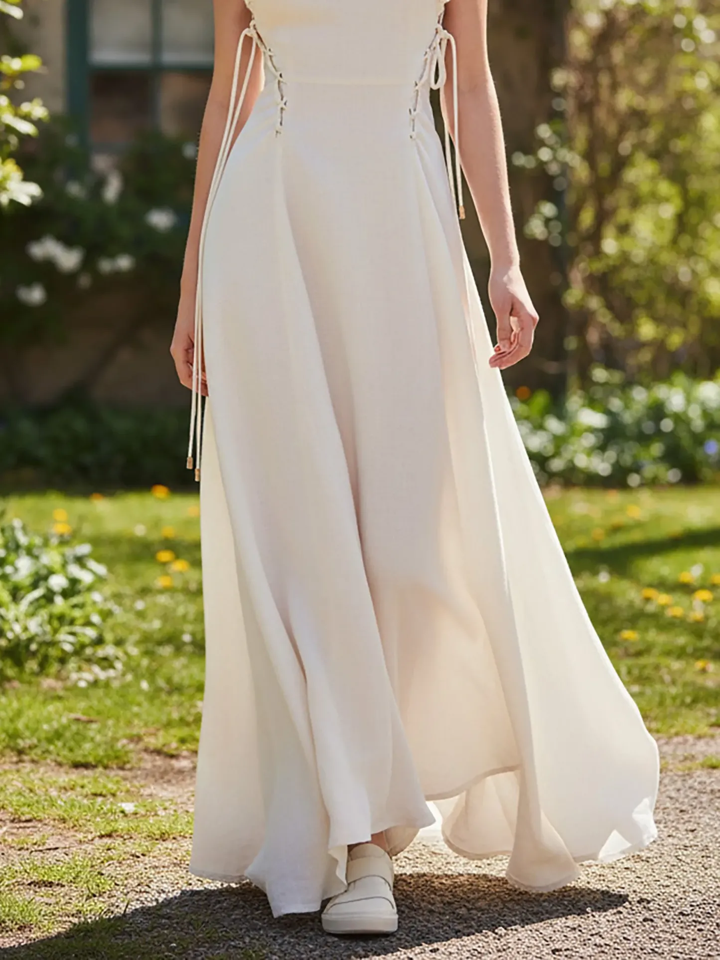 Maxi Linen Dress, Sleeveless, Round Neck, Plain, Ruffles, French Vintage, White - White